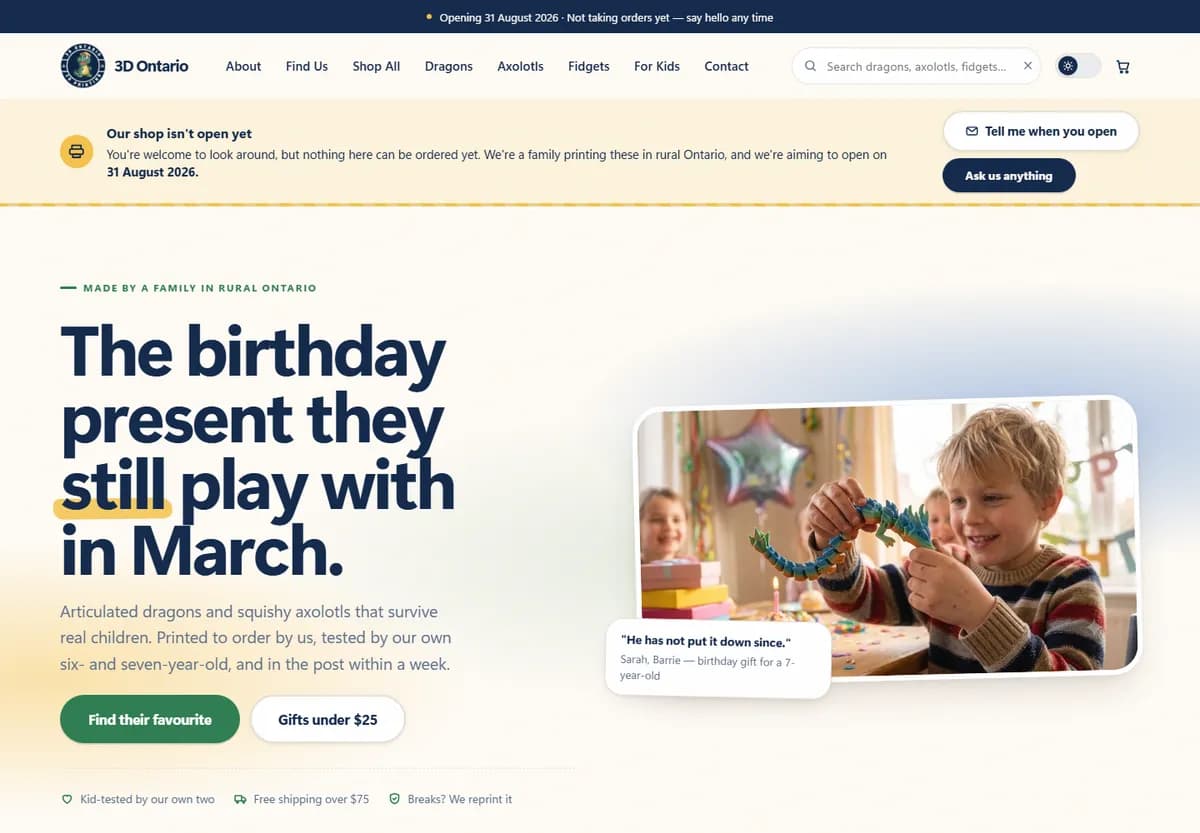 3D Ontario store home page with a child playing with a printed dragon